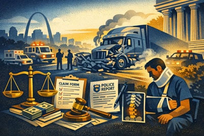 A man with a neck brace sits beside legal documents, scales, and money, while a police report and claim form are displayed. In the background, police and ambulances respond to a truck car crash near city buildings.