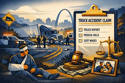 A man with a bandaged head sits by a road after a truck accident. Police and emergency vehicles are present. A clipboard lists items for a truck accident claim: police report, medical bills, lost wages. Scales and a gavel are nearby.