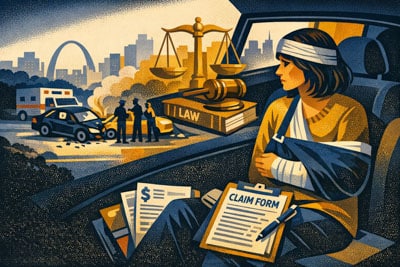 An injured woman with a bandaged head and arm sits in a car, holding a claim form. In the background, a car accident scene, law books, a gavel, and scales of justice are visible, symbolizing legal and insurance processes.