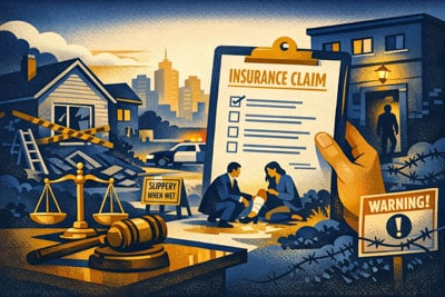 An illustration shows a large insurance claim form, a person helping another with an injury, a damaged house, police car, warning signs, a gavel, and scales of justice, all set in a cityscape backdrop.
